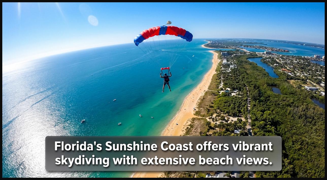 Skydiver with an aerial view of Florida's Sunshine Coast, showcasing extensive beaches, clear blue Gulf of Mexico waters, and lush vegetation.
