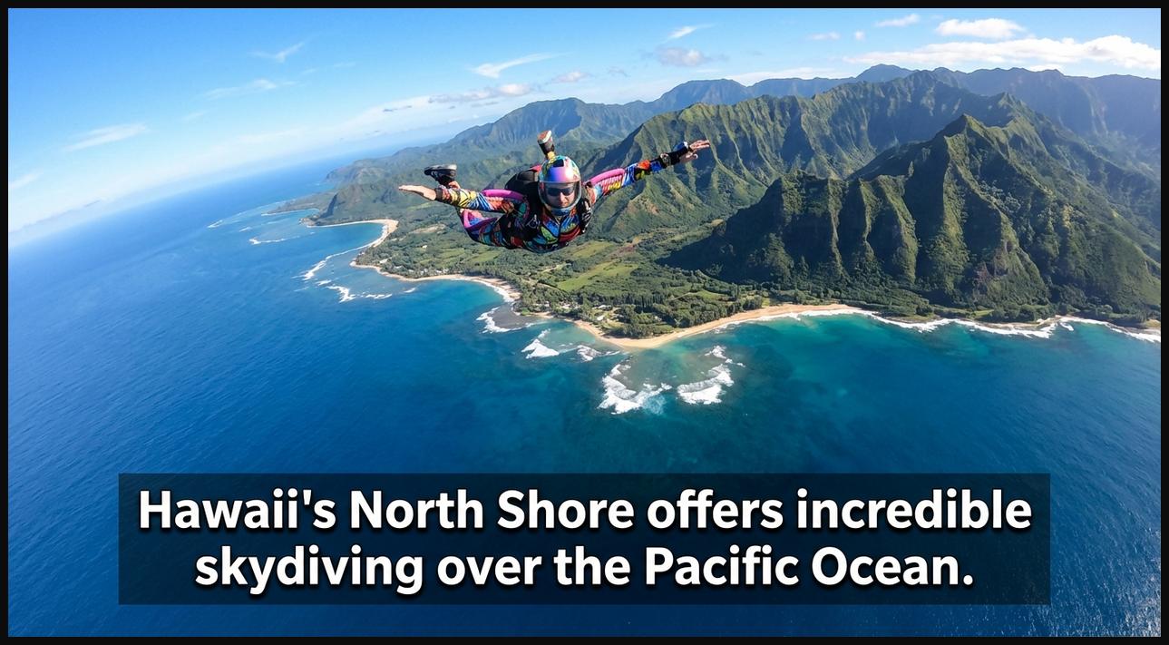 Skydiver descending over Oahu, Hawaii, with views of the North Shore coastline, lush mountains, and vast Pacific Ocean.