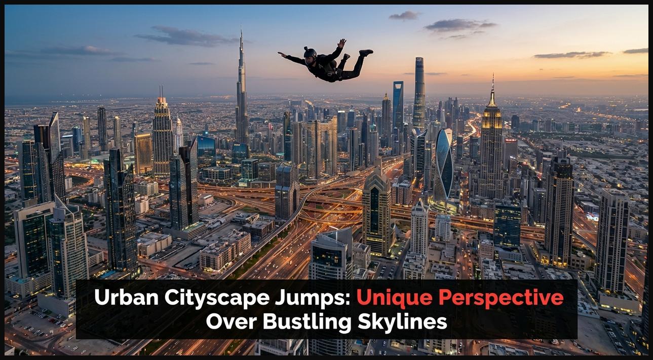 Skydiver freefalling high above a sprawling urban city with towering skyscrapers and a vibrant skyline.