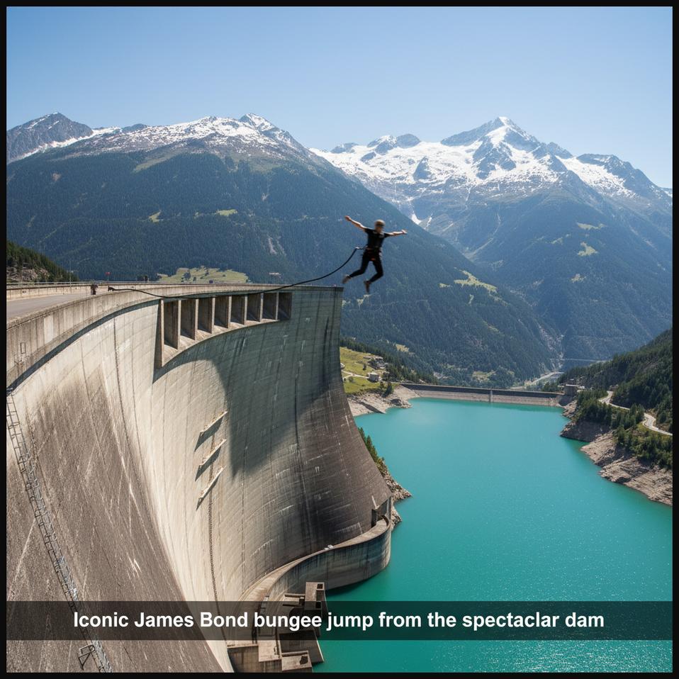 A bungee jumper freefalling from the majestic Verzasca Dam in Switzerland, with the serene turquoise water of the valley below.
