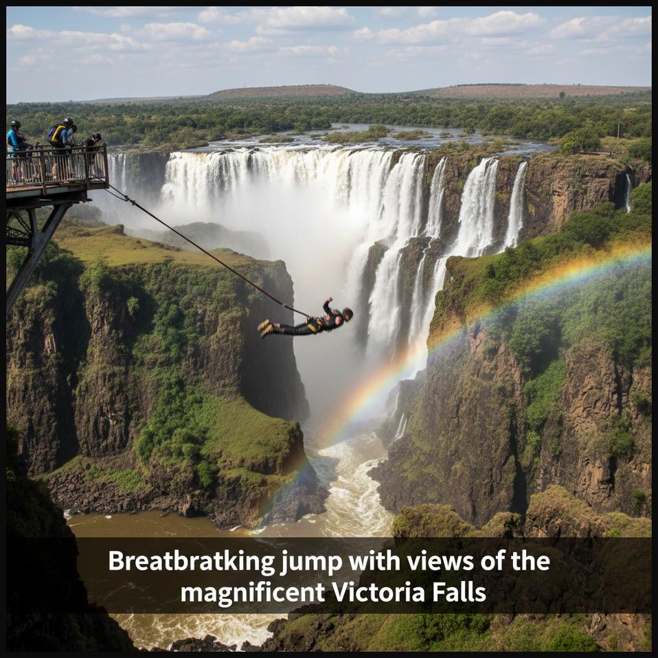 A bungee jumper descending from the Victoria Falls Bridge, with the thundering falls and their misty spray in the background.