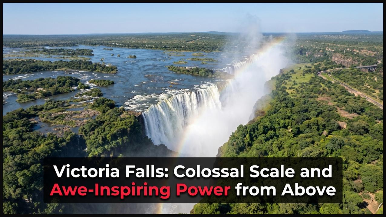 Aerial view of Victoria Falls showcasing its full width, rising mist, and the Zambezi River.
