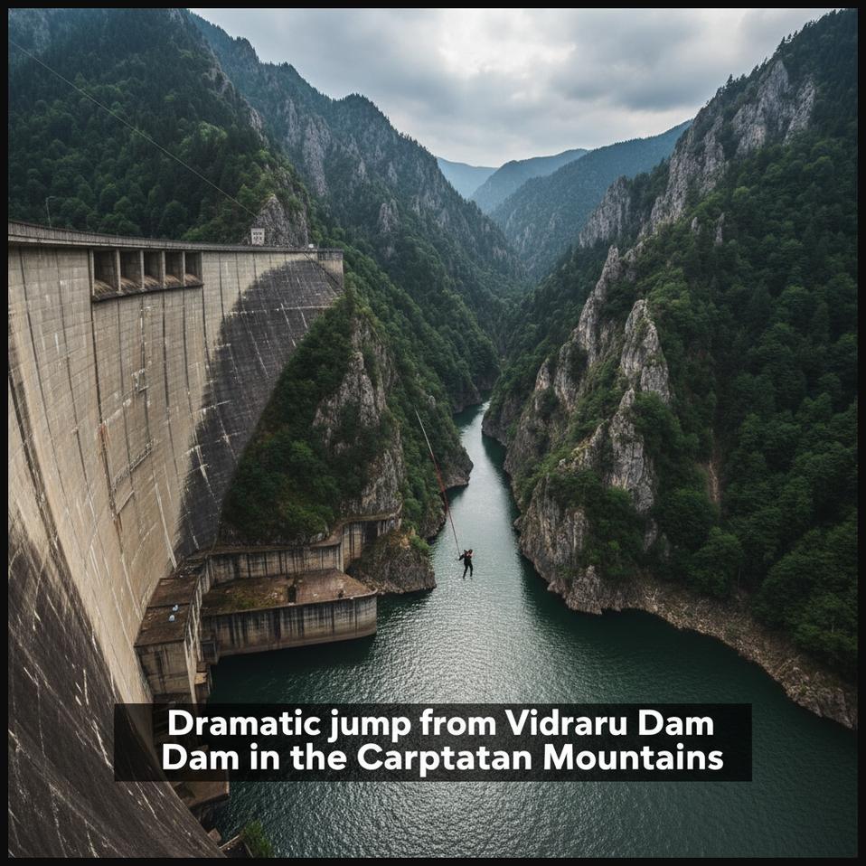 A bungee jumper descending from the massive Vidraru Dam in Romania, nestled within the stunning Fagaras Mountains and Arges River Gorge.