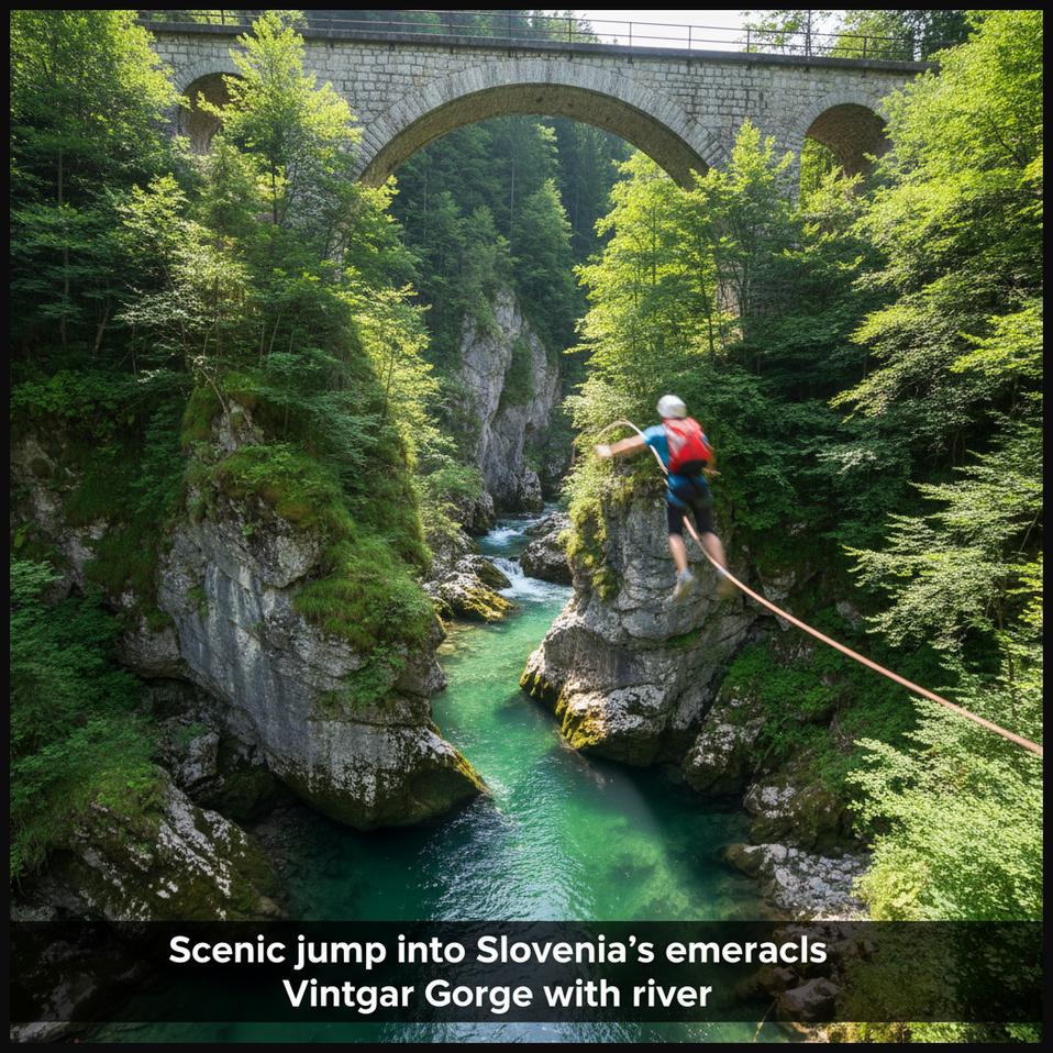 A bungee jumper freefalling from a railway bridge into the stunning emerald-green Vintgar Gorge in Slovenia, carved by the Radovna River.