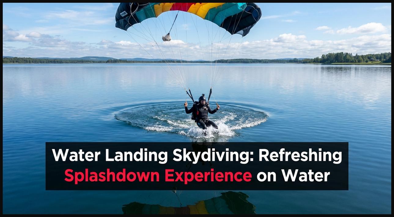 Skydiver making a controlled water landing in a lake, with their parachute open above them for a refreshing experience.
