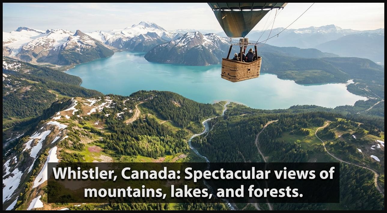 A hot air balloon offering breathtaking views of the Coast Mountains, serene lakes, and dense forests surrounding Whistler, Canada.