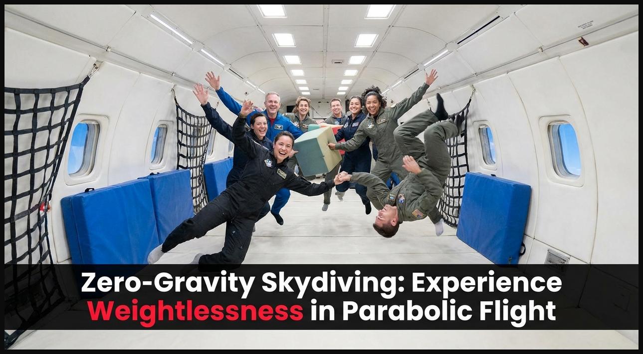 People floating freely inside a padded aircraft cabin during a zero-gravity parabolic flight, experiencing weightlessness.